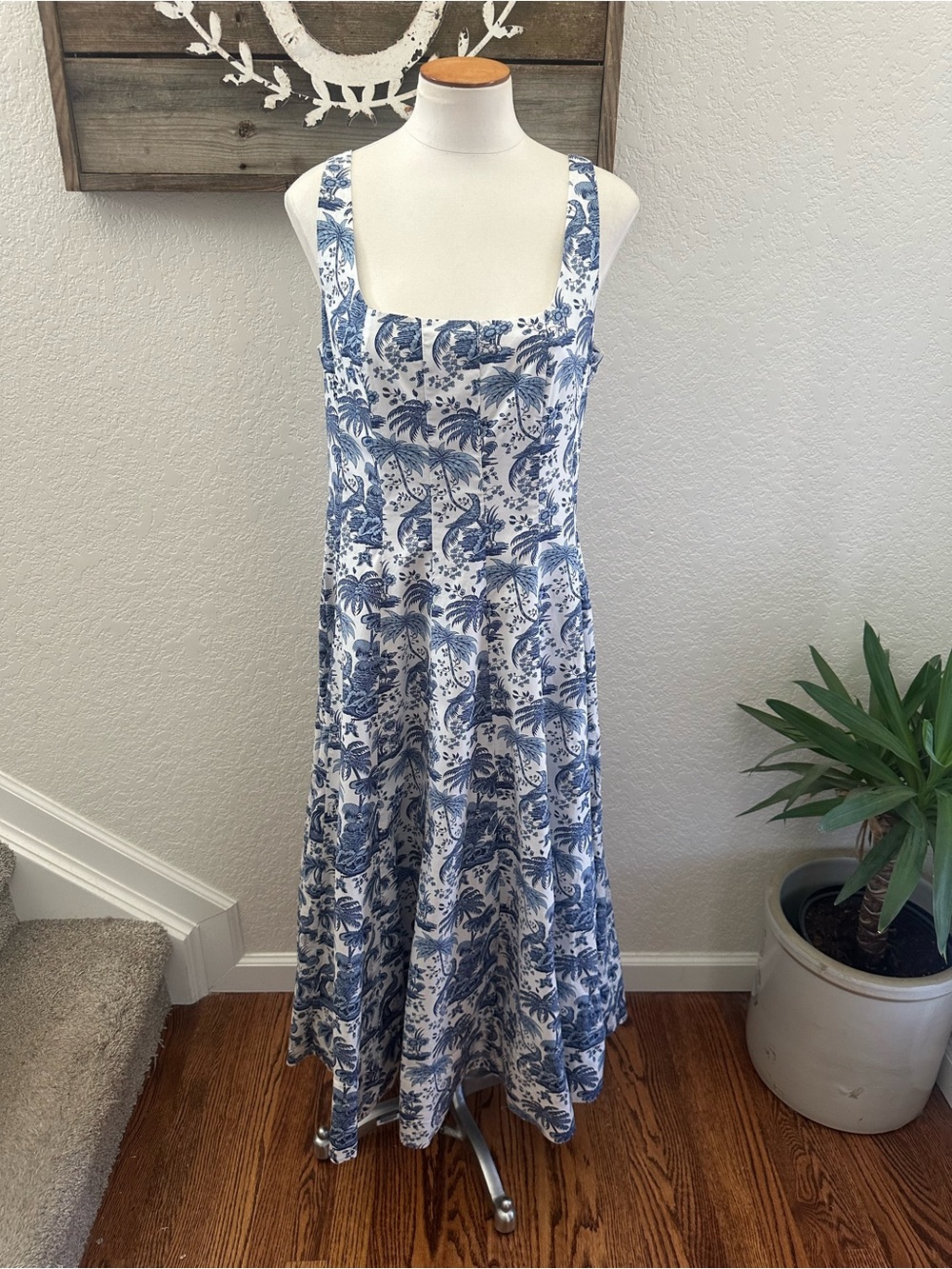 Staud Wells Blue Toile Floral Midi Dress - Sleeveless Square Neck size‎ 14